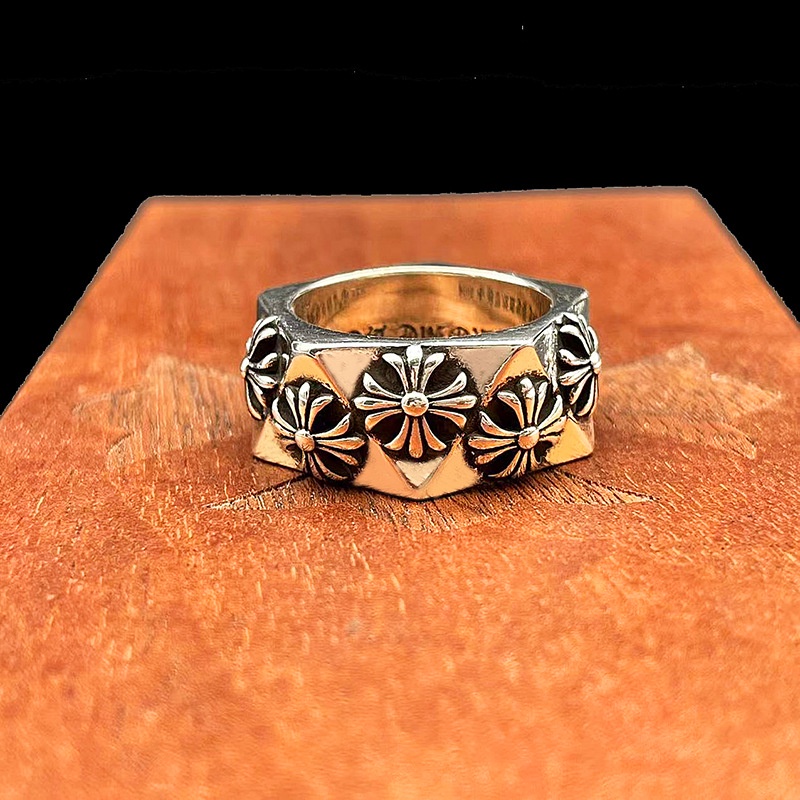 Chrome HEARTS แหวนเงิน 925 รูปหลายเหลี่ยม ประดับดอกไม้ สําหรับผู้ชาย และผู้หญิง