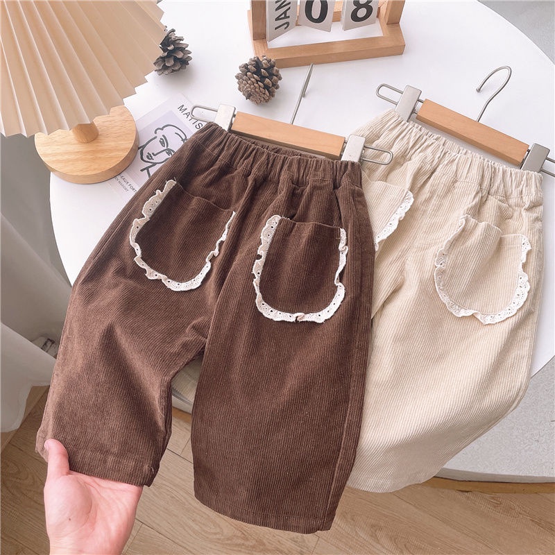 กางเกงขายาว ผ้าลูกฟูก ทรงตรง แฟชั่นฤดูใบไม้ผลิ และฤดูใบไม้ร่วง สําหรับเด็กผู้หญิง