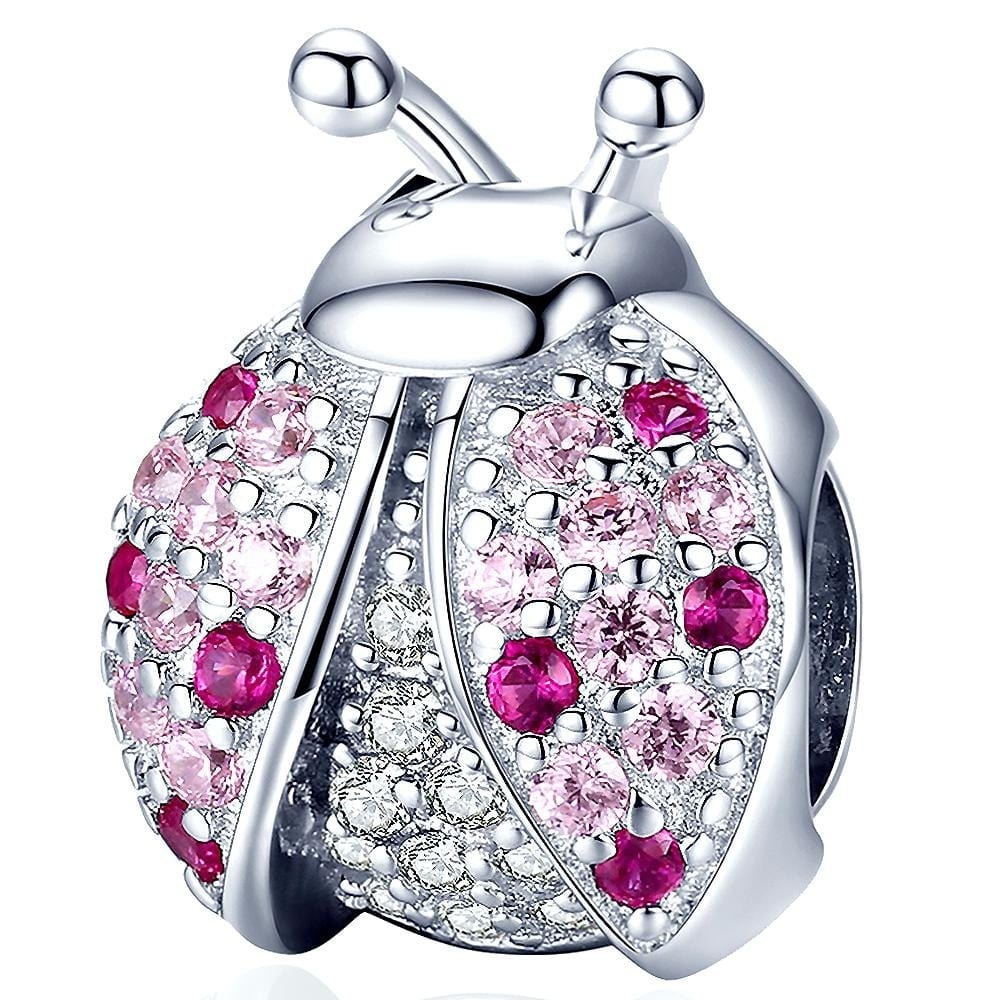 925 SIGNATURE SILVER Solid 925 Sterling Silver Pink Beetle พร้อม CZ Charm