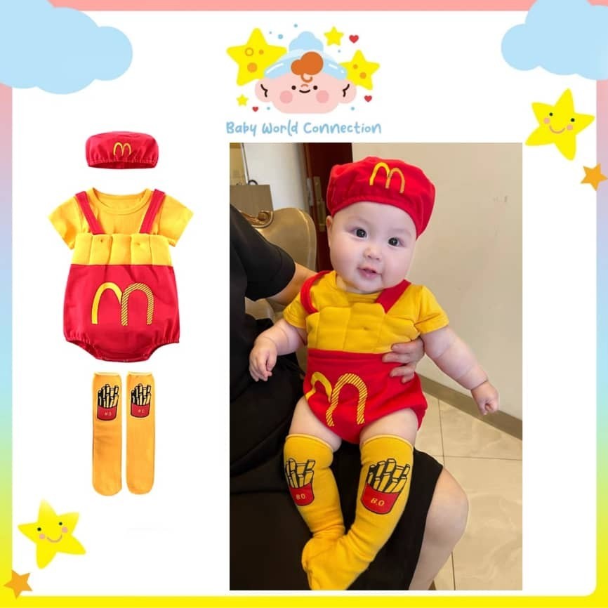 Cute Baby McDonald Fries Costume Photo Shooting Jumpsuit + เสื้อยืด + หมวก + ถุงเท้า 4in1 ชุด