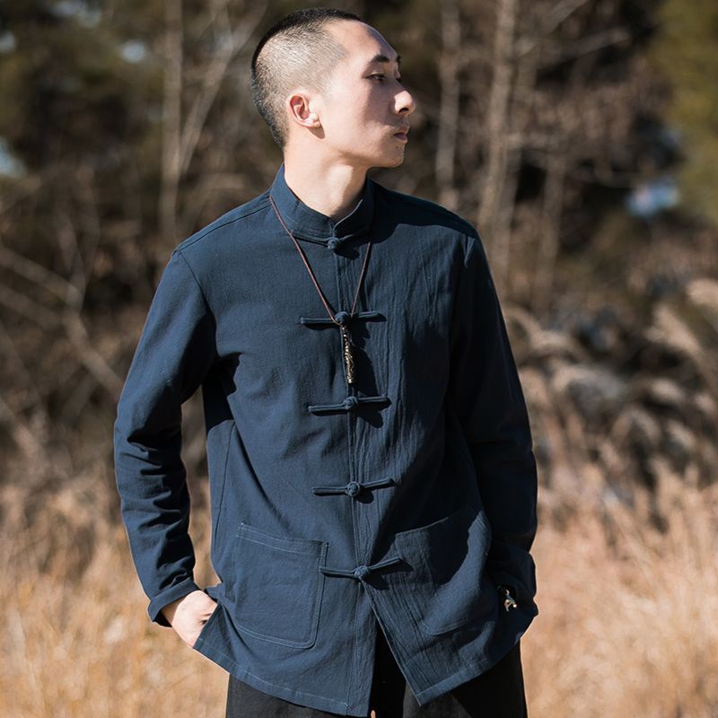 เสื้อเชิ้ตแขนยาวลําลอง คอปก แต่งกระดุม สไตล์จีนเรโทร แฟชั่นฤดูใบไม้ผลิ และฤดูใบไม้ร่วง สําหรับผู้ชาย - รูปที่ 2