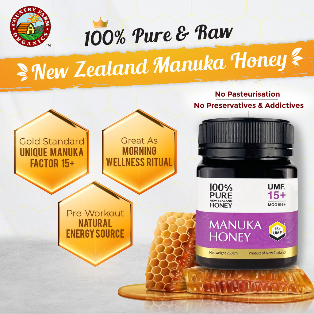 Country Farm น้ําผึ้งมานูก้าบริสุทธิ์ 100% UHF 15+ 250g [ผลิตจากนิวซีแลนด์] รองรับสุขภาพ Gut บรรเทาไ