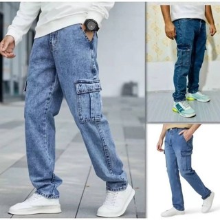 Seluar Jeans Lelaki Cargo Acid Wash 6 Pocket Cargo Jeans Kain Tabal Non Stretchable Ready Stock