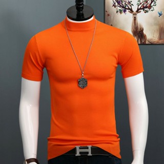 เสื้อยืดแขนสั้น คอสูง ผ้าเรยอน แบบบาง สีพื้น แฟชั่นฤดูร้อน สําหรับผู้ชาย