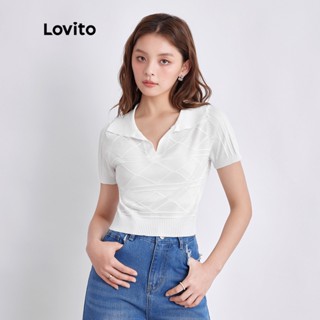 Lovito เสื้อท็อปแขนสั้นลําลอง ผ้าถัก แต่งเพชร สีขาว สําหรับผู้หญิง L35AD022