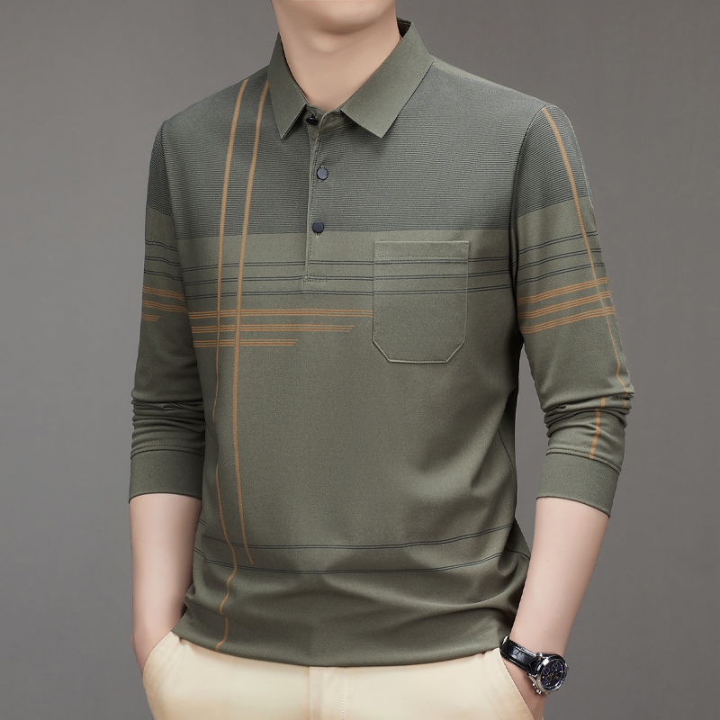 เสื้อโปโลแขนยาว ผ้าฝ้ายทรงหลวม สไตล์คลาสสิก สำหรับผู้ชายวัยกลางคนและผู้สูงอายุ