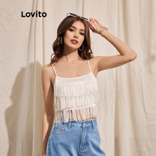 Lovito เสื้อครอป ประดับพู่ ธรรมดา สําหรับผู้หญิง L44LE009 (สีขาว)