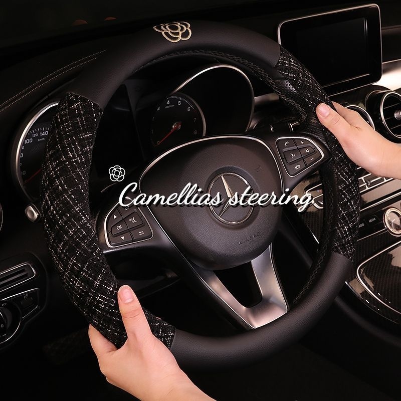 ปลอกหุ้มพวงมาลัยรถยนต์ กันลื่น ลายดอกคามิเลีย หรูหรา สไตล์ญี่ปุ่น สําหรับ Volkswagen Buick Nissan Honda Hyundai Chanel Goddess Camellia