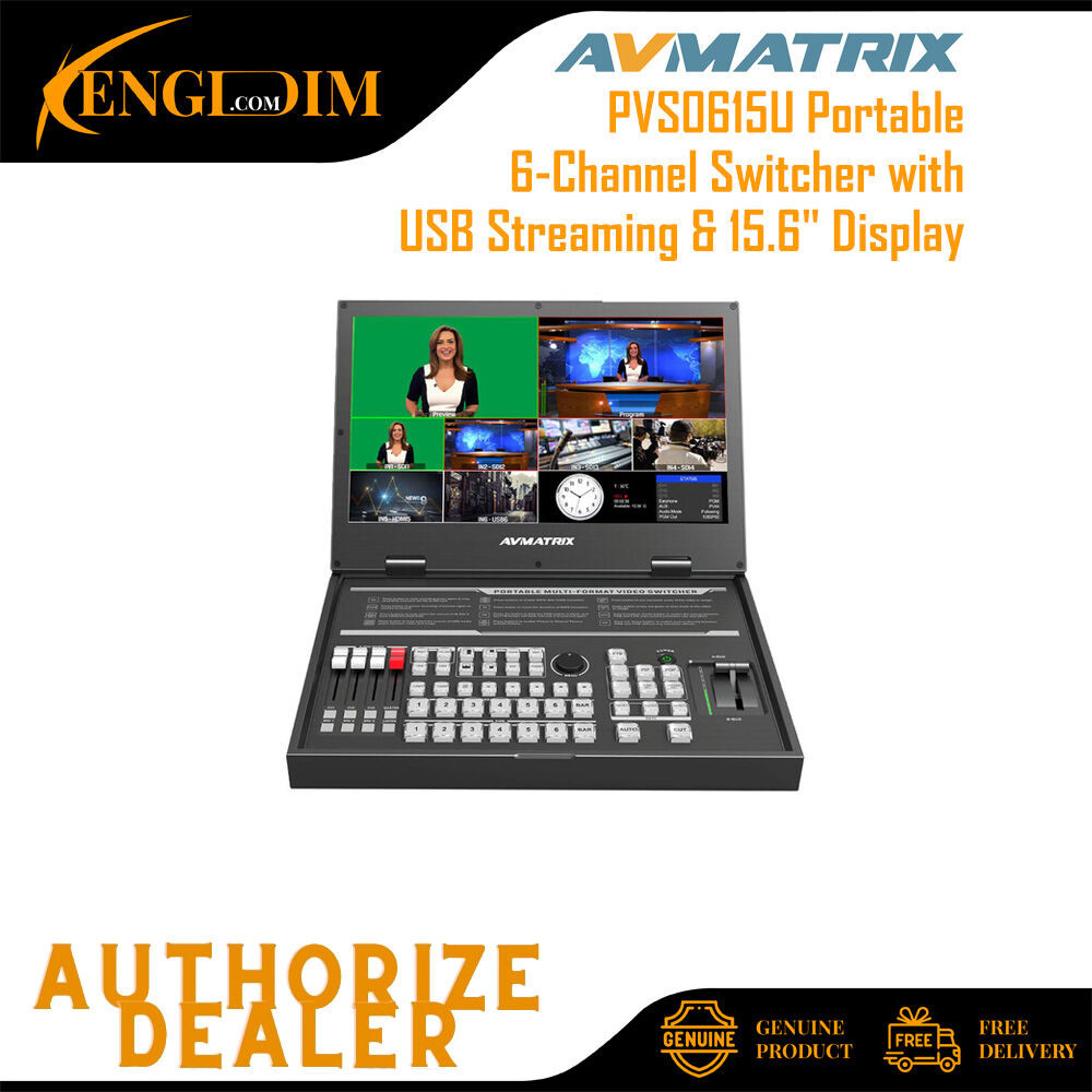 AVMATRIX PVS0615U ตัวสลับ 6 ช่องแบบพกพาพร้อมสตรีมมิ่ง USB และจอแสดงผล 15.6"