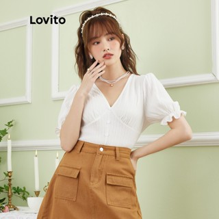 Lovito RETRO GARDEN FAIR เสื้อยืดลําลอง แขนสั้น ติดกระดุม สําหรับผู้หญิง L40AE003