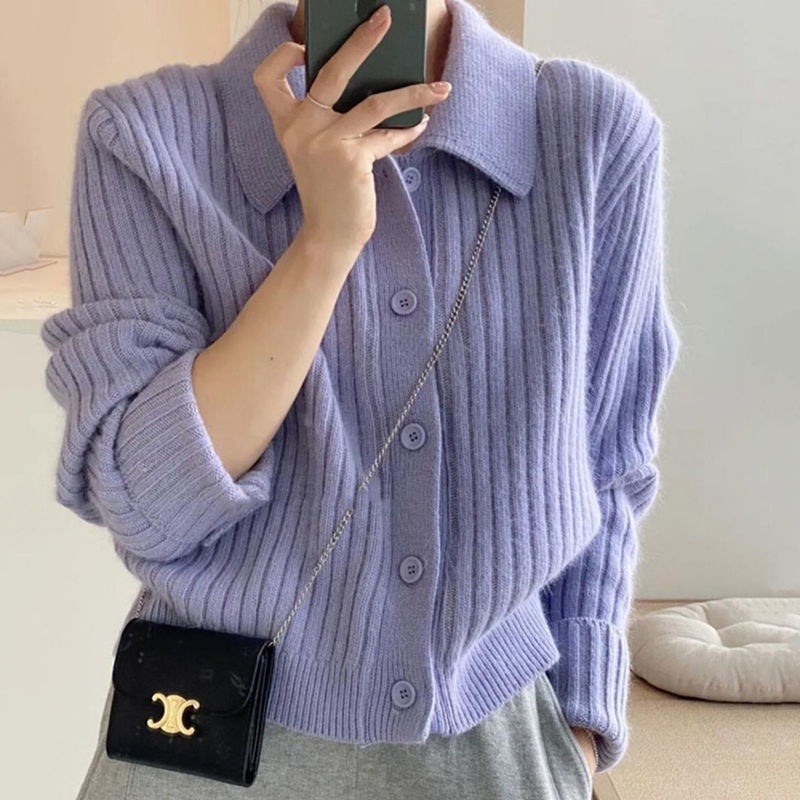 เสื้อคาร์ดิแกนกันหนาว คอปก ทรงหลวม ลายทางแนวตั้ง ขนาดเล็ก สีม่วง สําหรับผู้หญิง