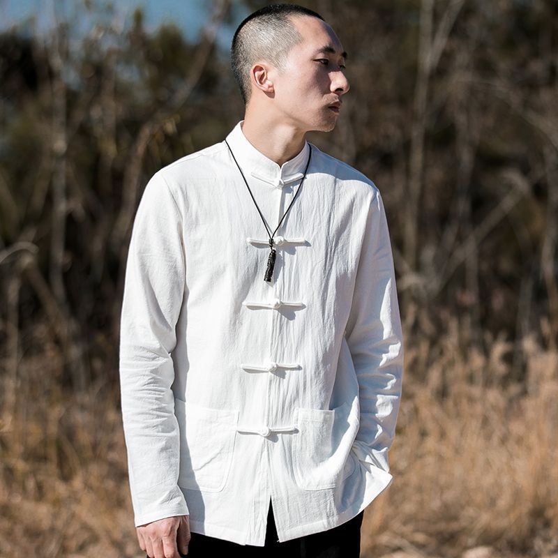 เสื้อเชิ้ตแขนยาวลําลอง คอปก แต่งกระดุม สไตล์จีนเรโทร แฟชั่นฤดูใบไม้ผลิ และฤดูใบไม้ร่วง สําหรับผู้ชาย - รูปที่ 6