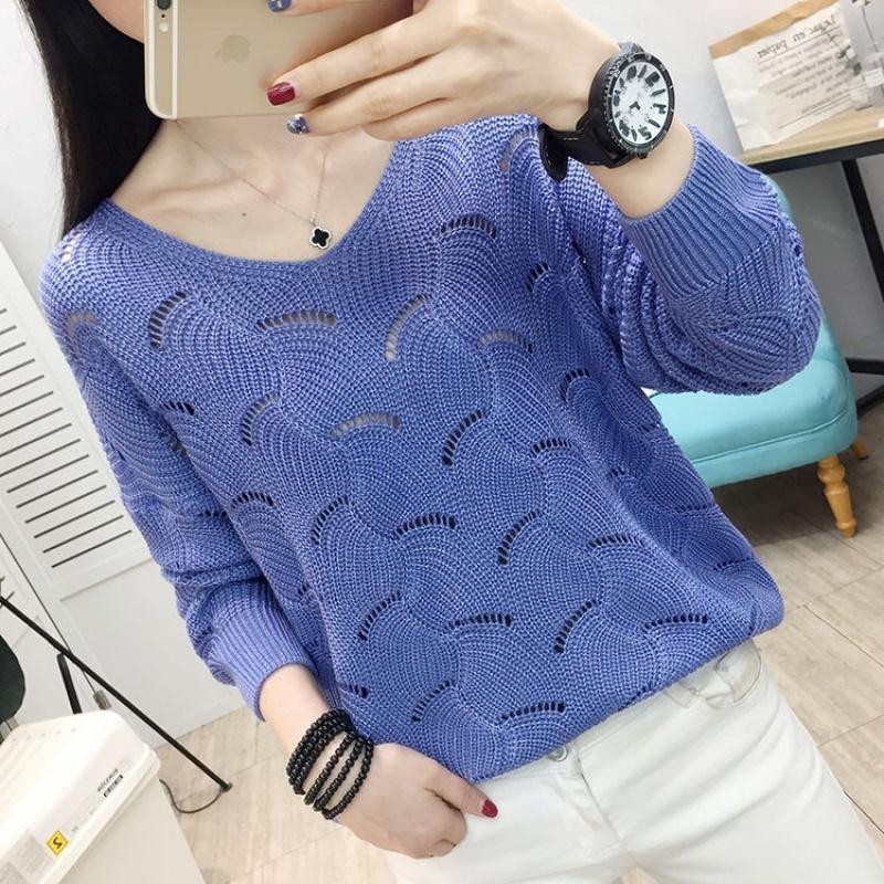 เสื้อถัก คอวี แขนยาว ทรงหลวม สไตล์ใหม่ ฉลุลาย สําหรับผู้หญิง
