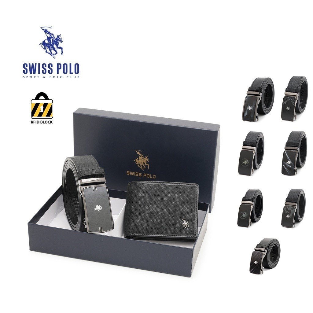 Swiss POLO Mens RFID Bifold Wallet และ 40mm Automatic Belt Set Box SGS-1 Black