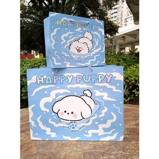 ถุงกระดาษ ถุงกระดาษใส่ขนม HAPPYPUPPY ถุงของขวัญลูกสุนัขสีฟ้า Bichon Bomei ถุงของขวัญกระเป๋าช้อปปิ้งการ์ตูนน่ารักเพิ่มขนาดใหญ่