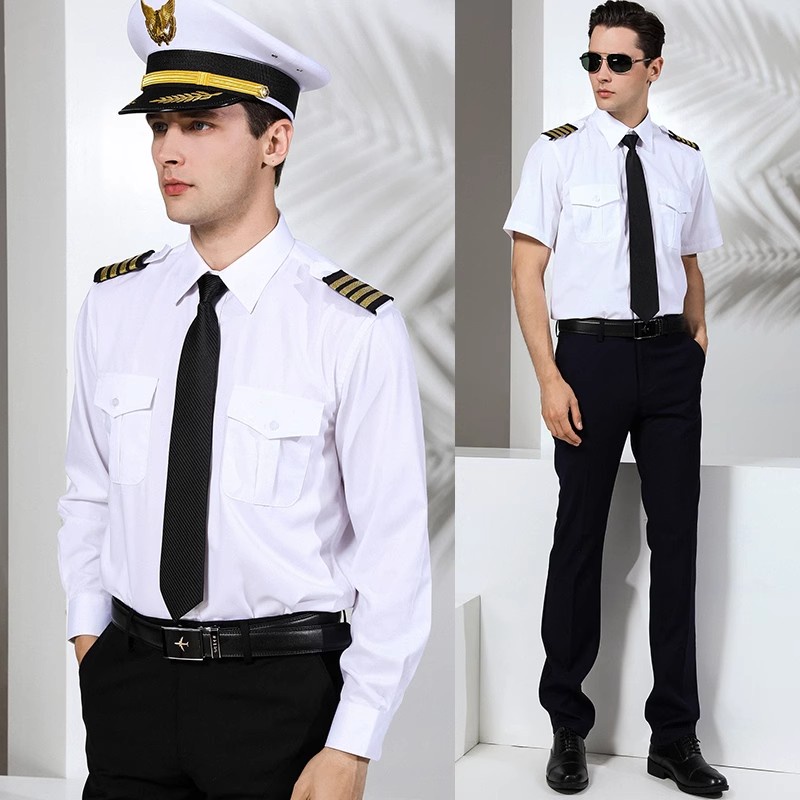 ชุดยูนิฟอร์มเสื้อเชิ้ตยาว ลายนักบินกัปตัน บาร์ลูกเรือ สีขาว สําหรับผู้ชาย