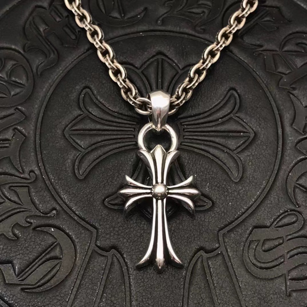 Chrome HEARTS สร้อยคอเงินสเตอร์ลิง 925 จี้ไม้กางเขน สไตล์พังก์วินเทจ หรูหรา ขนาดกลาง