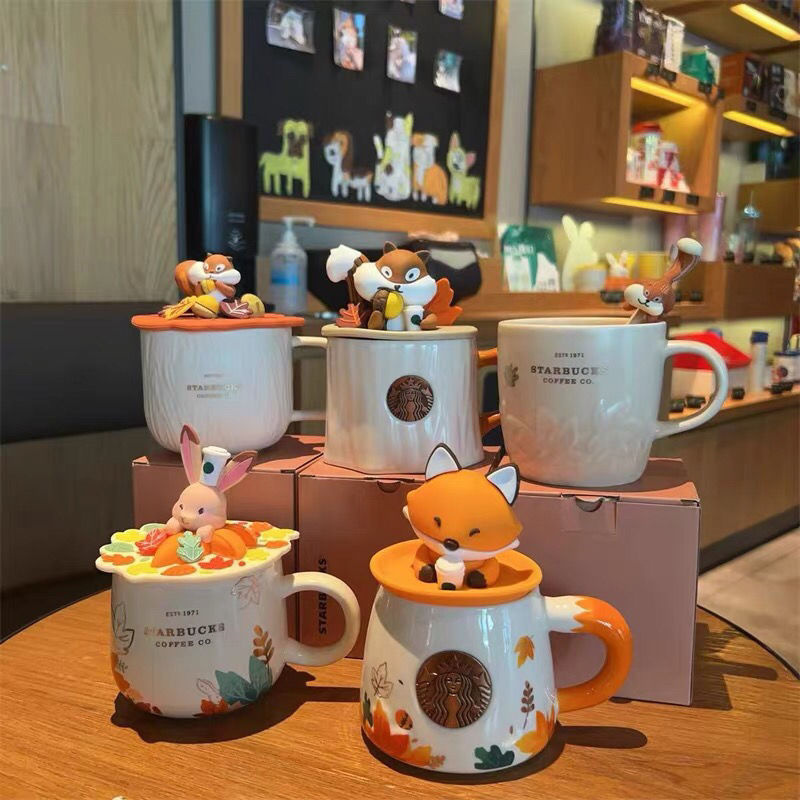 ◆Ins Starbucks แก้วกาแฟเซรามิค รูปสุนัขจิ้งจอก กระรอก ใบเมเปิ้ล แฟชั่นฤดูใบไม้ร่วง◆ins星巴克杯子 时尚杯子 星巴克杯子秋日枫叶狐狸造型马克杯树桩松鼠陶瓷杯桌面杯咖啡杯