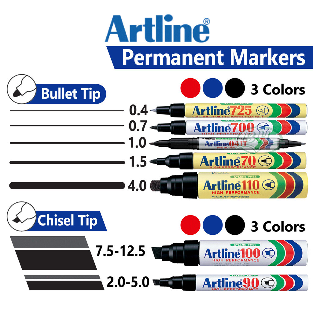 Artline ปากกามาร์กเกอร์ถาวรอเนกประสงค์ 70/90/100/110/700/725/250/041T แห้งเร็ว/แห้งเร็ว, กันน้ําสีดํ