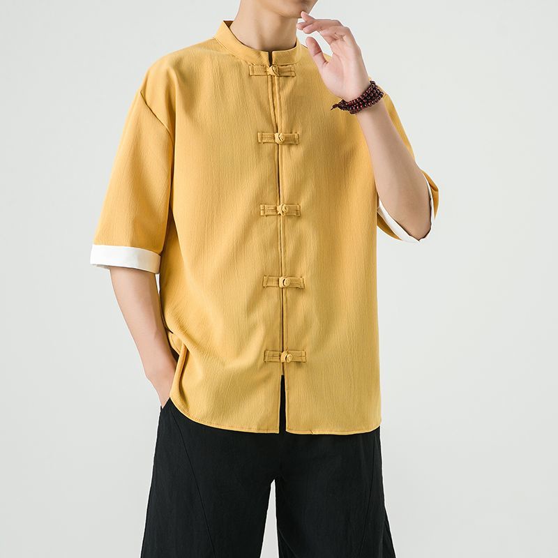 เสื้อเชิ้ตแขนสั้น ผ้าฝ้าย และผ้าลินิน ขนาดใหญ่ สไตล์จีนโบราณ แฟชั่นฮั่นฝู สําหรับผู้ชาย LF11.7
