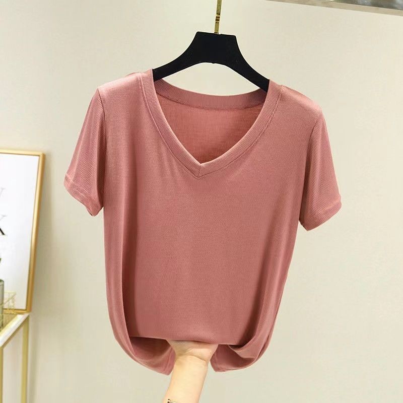 เสื้อยืดแขนสั้น คอวี แบบบาง ทรงหลวม เข้ากับทุกการแต่งกาย แฟชั่นฤดูร้อน สําหรับผู้หญิง