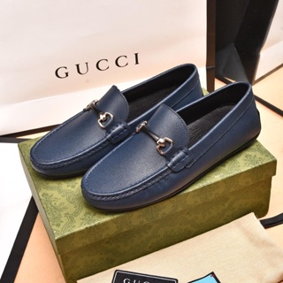 [EUR Size] Kasut lelaki Guccis NAVY FLAT GRAINED LEATHER รองเท้าผ้าใบลําลอง สําหรับผู้ชาย