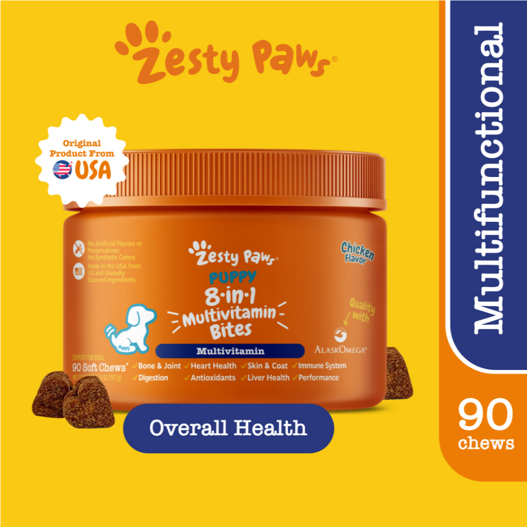 Zesty Paws Puppy 8 in 1 Multivitamin Bites Chicken 90ct - Jar อาหารเสริมลูกสุนัข ประโยชน์ 8 อย่าง รสไก่ แบบนุ่ม 90 อัน (หมดอายุ:04 2026)