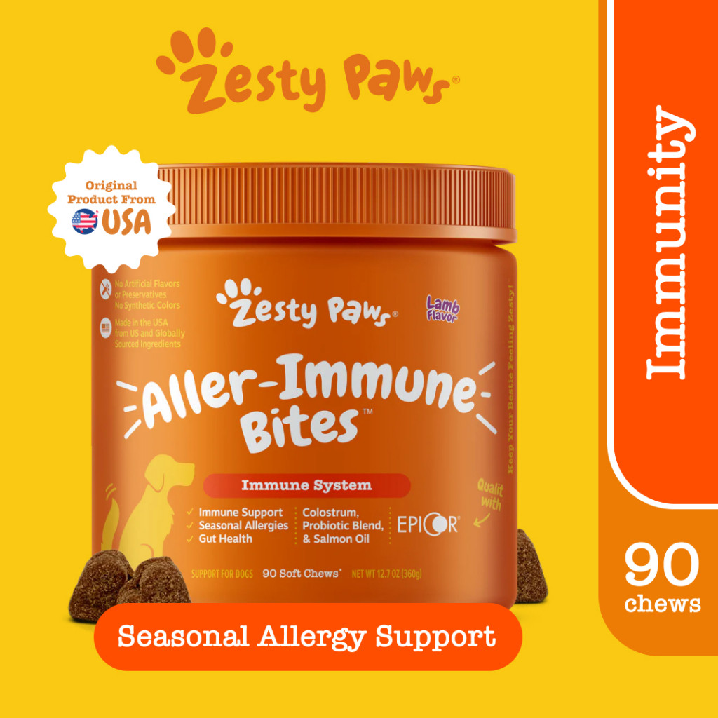 Zesty Paws Allergy & Immune Bites for Dogs Immune System [รสเนื้อแกะ] (แบบนุ่ม 90 เม็ด) [อาหารเสริมสำหรับสุนัขที่มีอาการภูมิแพ้อากาศตามช่วงฤดูกาล ดูแลการทำงานของภูมิคุ้มกัน ผิวแพ้ง่าย และสุขภาพทางเดินอาหารสำหรับสุนัข](EXP:04 2027)