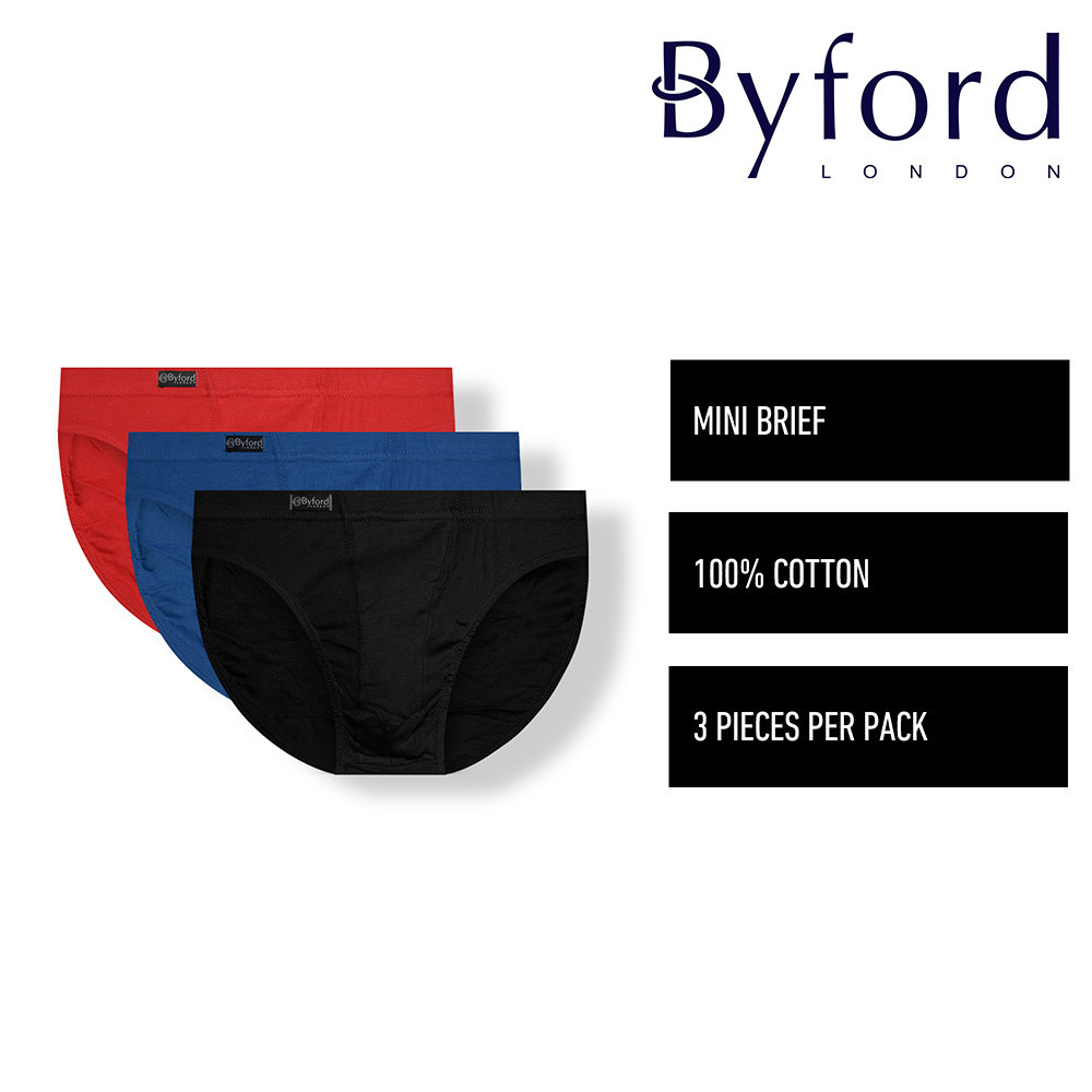 (3 ชิ้น) Byford Mens 100% Ribbed Cotton Mini Brief ชุดชั้นในคละสี - BUD5270M