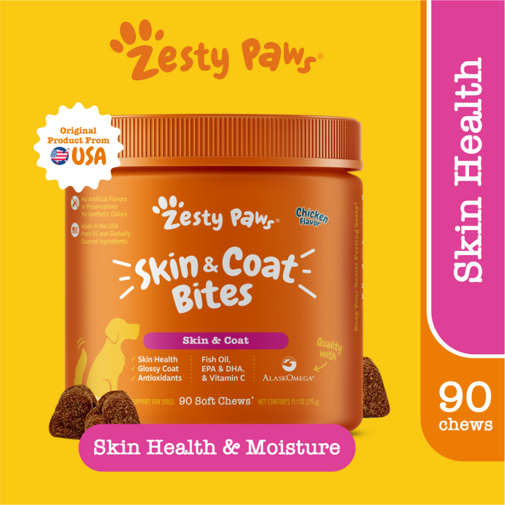 Zesty Paws Skin & Coat Bites for Dogs Skin & Coat [รสไก่] (แบบนุ่ม 90 เม็ด) (หมดอายุ:10 2027) [อาหารเสริมสุนัขสำหรับบำรุงผิว ประกอบไปด้วยน้ำมันตับปลา วิตามิน ซี ดี และ อี]