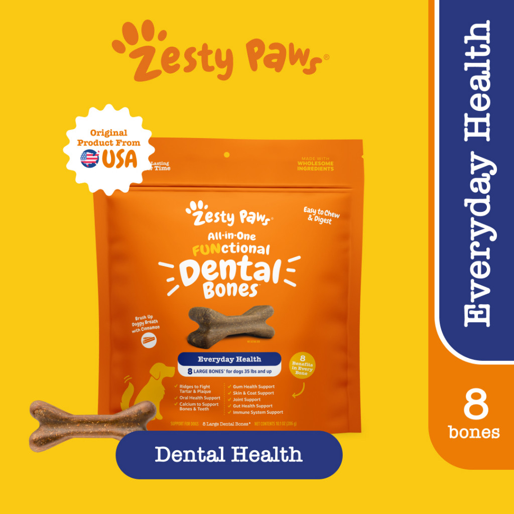 Zesty Paws All-in-One Functional Dental Bone Large - 8 bones (10.1oz) (EXP:07 2026) อาหารเสริมบำรุงฟันให้แข็งแรม รูปทรงกระดูก ขนาดใหญ่ 8 อัน
