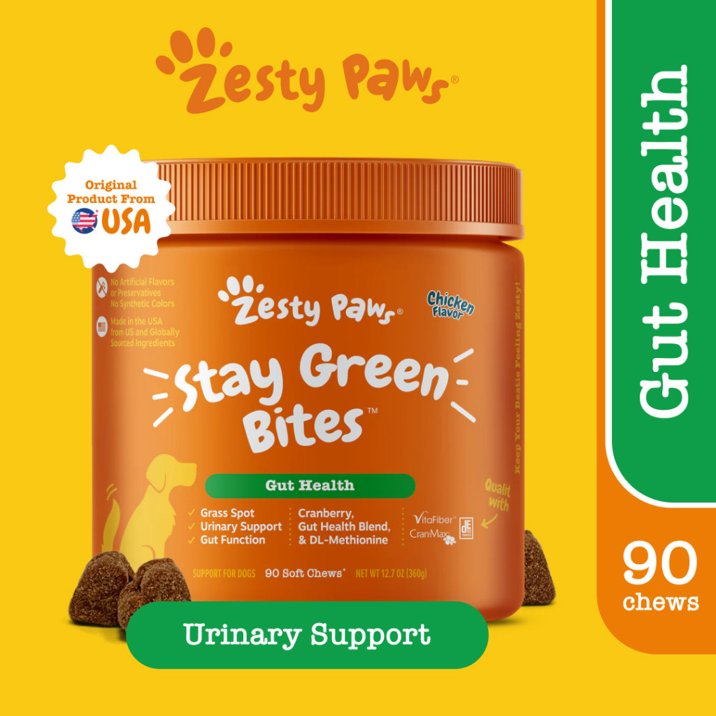 Zesty Paws Stay Green Bites for Dogs Gut Health [รสไก่] (แบบนุ่ม 90 เม็ด) (EXP:07 2026) [อาหารเสริมสำหรับสุนัขที่ช่วยบำรุงการทำงานของระบบขับถ่ายและอาจจะช่วยขจัดผลกระทบของหญ้าจากปัสสาวะ]