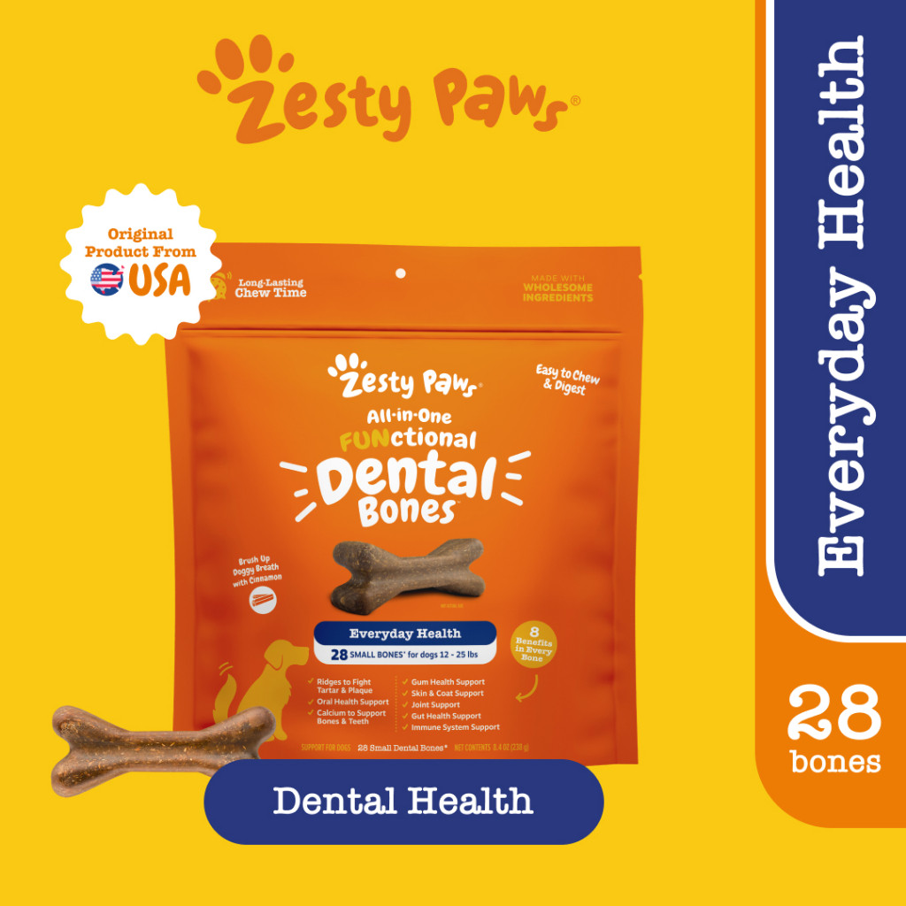 Zesty Paws All-in-One Functional Dental Bone Small - 28 bones (8.4oz) อาหารเสริมบำรุงฟันให้แข็งแรม รูปทรงกระดูก ขนาดเล็ก 28 อัน  (หมดอายุ:12 2026)