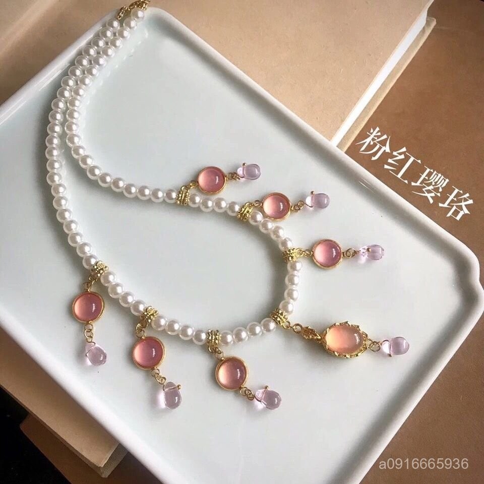 สร้อยคอโบราณ Pearl Bun Hanfu อุปกรณ์เสริมการออกแบบ Tang สไตล์ Soft Yingluo Performance Headdress Tan