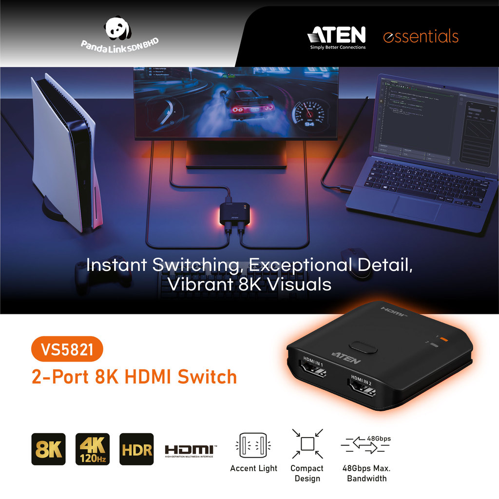 ATEN VS5821 2-Port 8K HDMI Switch + ฟรีเสื้อยืดที่จําเป็น ATEN