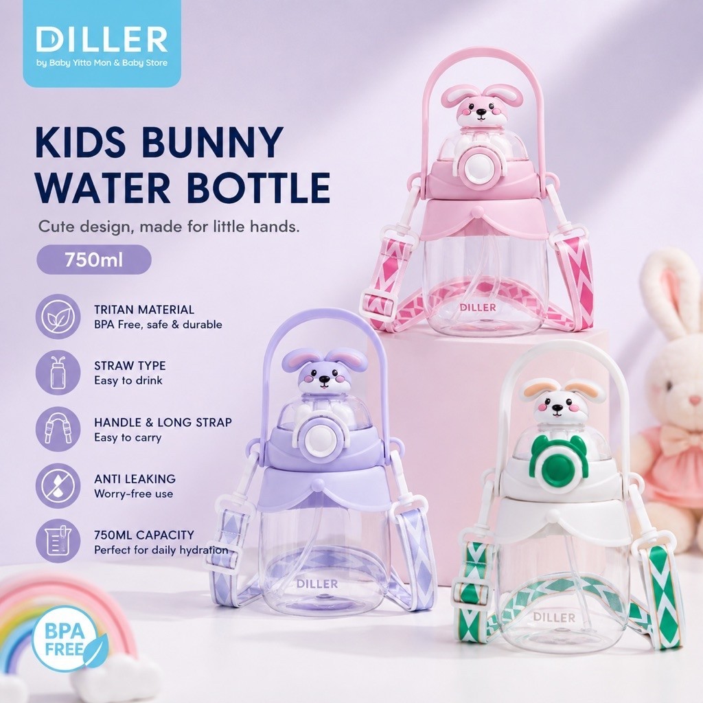 Diller Kids Bunny ขวดน้ํา Tritan ฟรีพร้อมสายรัดและที่จับสําหรับเด็กเด็กอนุบาลโรงเรียน 750ml (D2315)