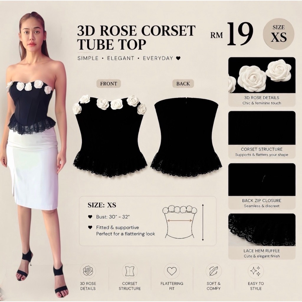 3D Rose Corset Tube Top XS
