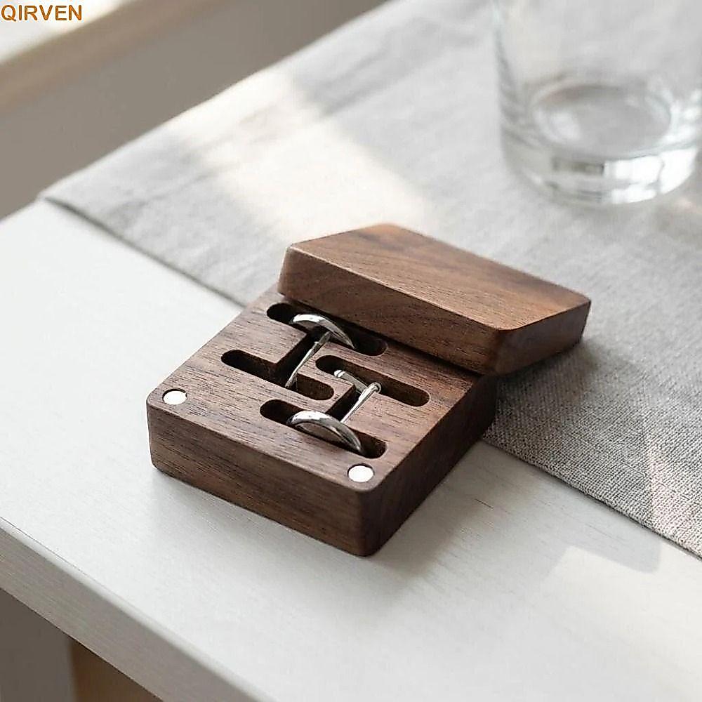 QIRVEN วอลนัท Cufflink กล่อง, Flip-top ส่วนบุคคล Cufflink Organizer, ของขวัญสําหรับเขาแม่เหล็กปิดประ