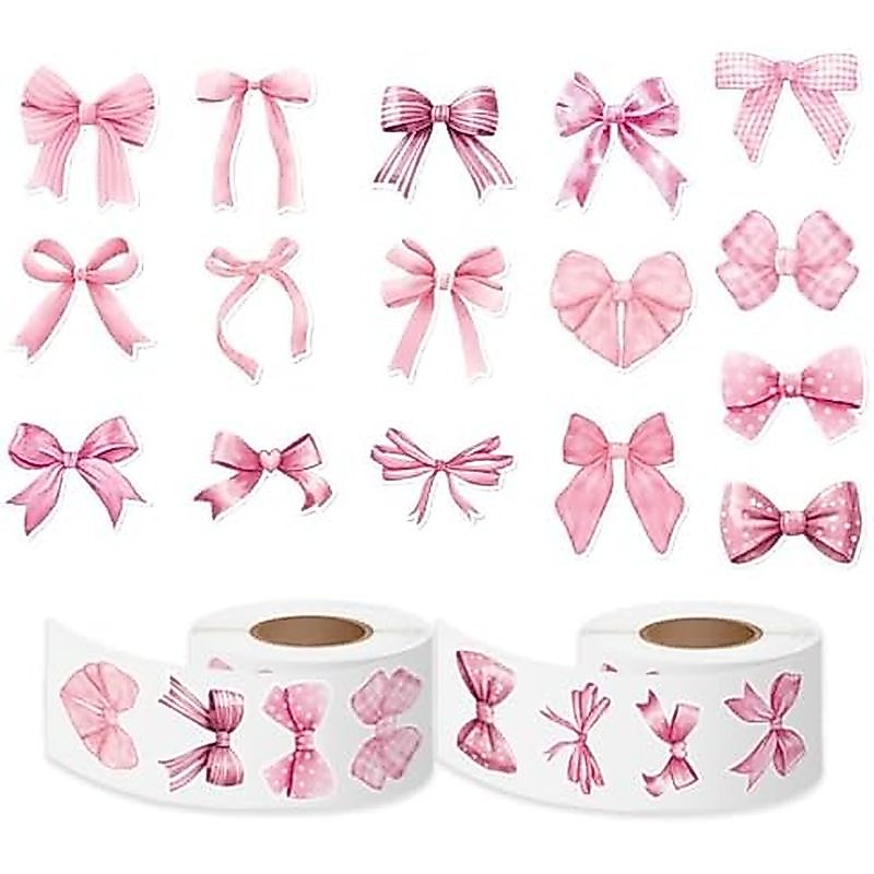 2 ม้วนสีชมพู Bow Stickers1000 ชิ้น Coquette สีชมพู Bows สติกเกอร์สําหรับโน้ตบุ๊คขวดวาเลนไทน์การ์ดซอง