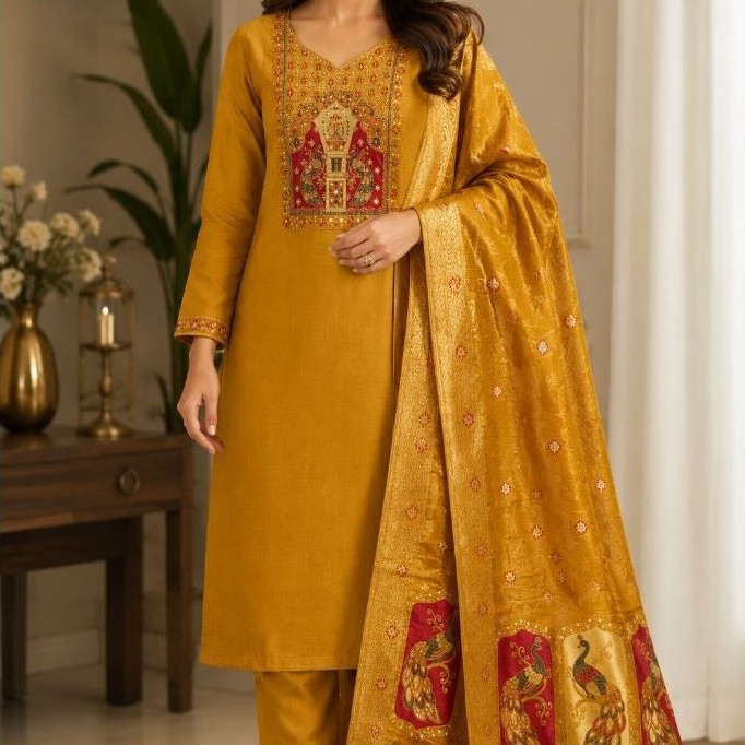 JM Couture Premium Kochi Silk Designer ชุดคุรุตะตรงอย่างเป็นทางการ