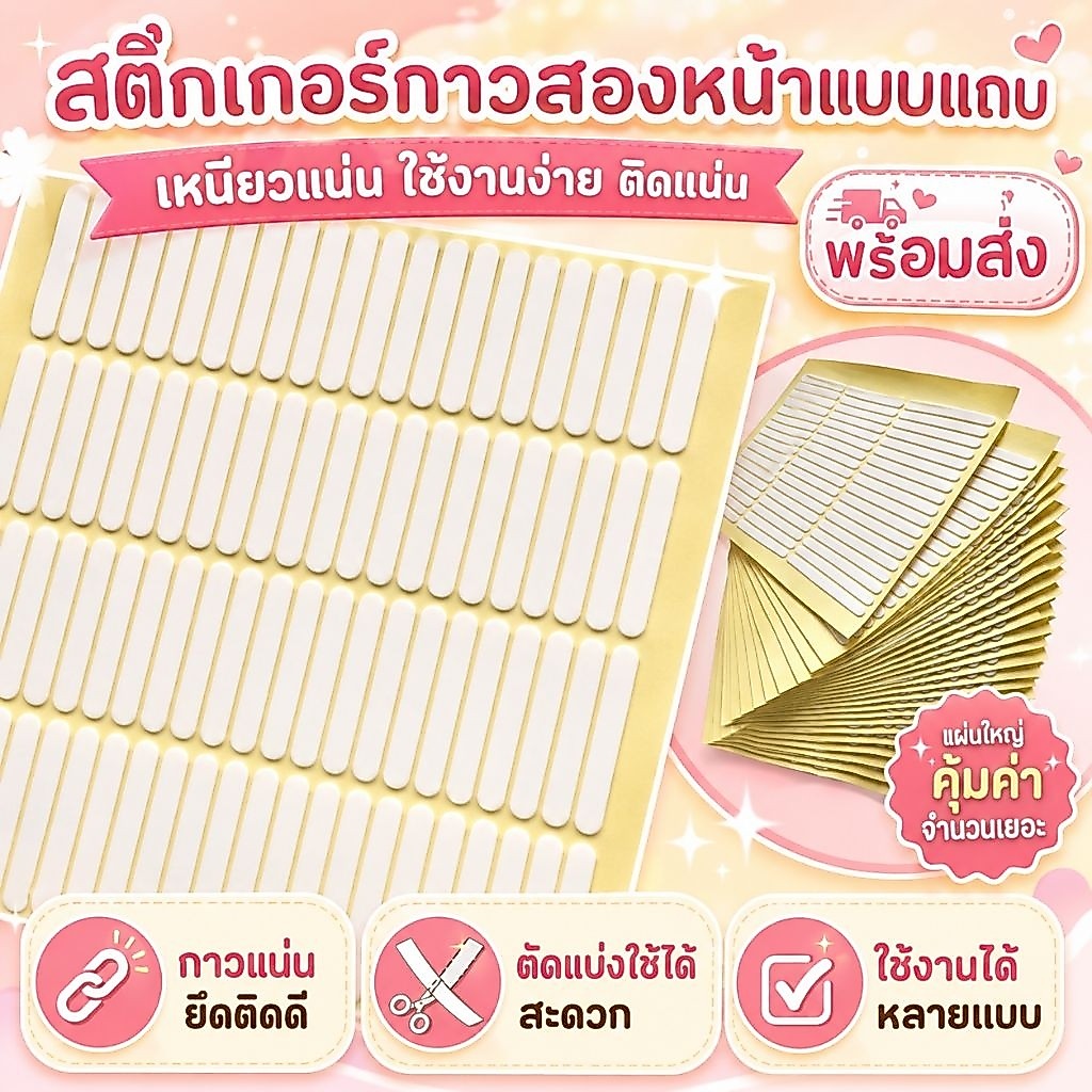 สติกเกอร์กาวสองหน้าแบบแถบ (1แผ่น54 ชิ้น) ใช้งานง่ายเหมาะสำหรับงาน DIY งานประดิษฐ์ และงานติดของชิ้นเล็ก ใช้สะดวก
