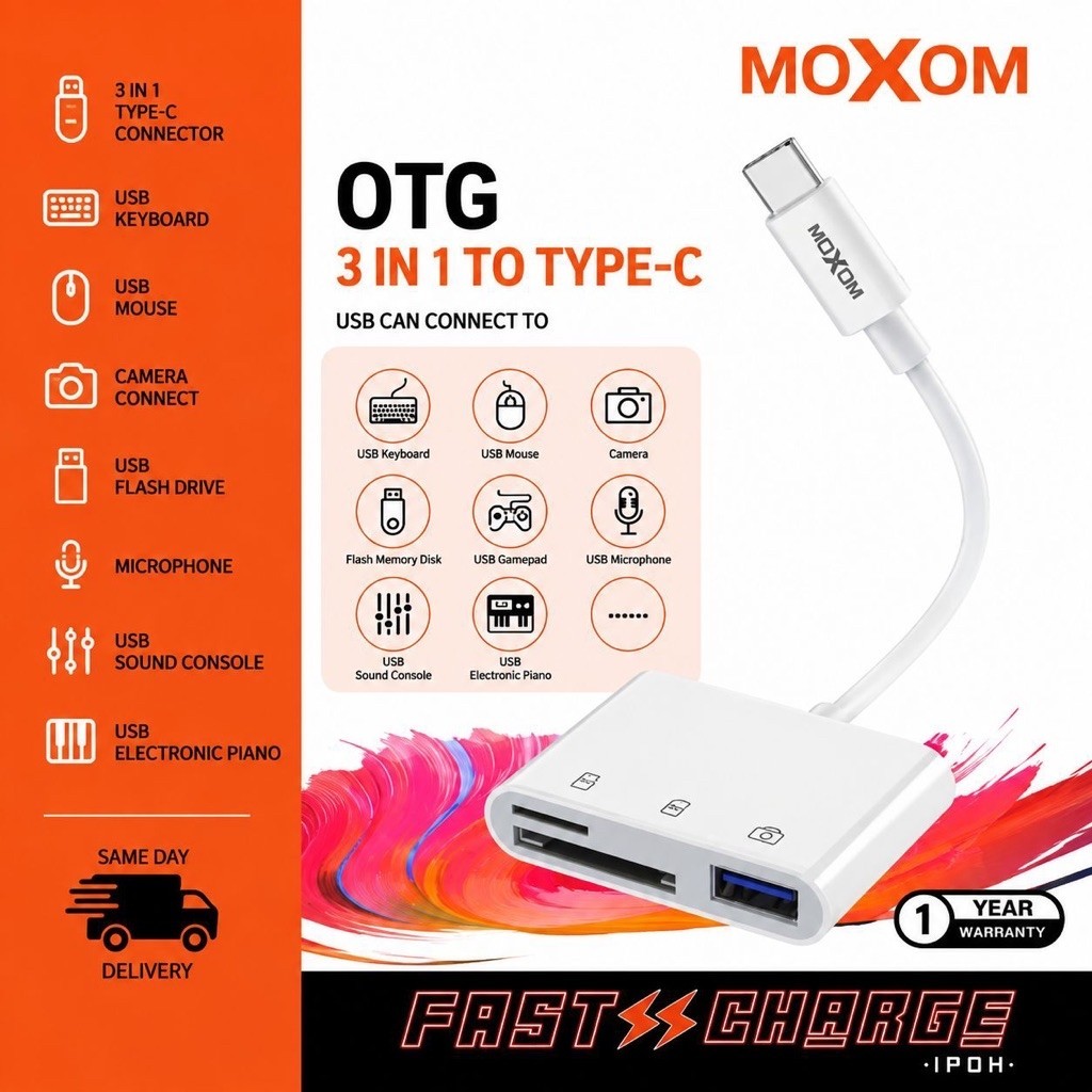 MOXOM OTG 3 In 1 ถึงอะแดปเตอร์ Type-C เครื่องอ่านการ์ด SD/TF, USB ขนาดกะทัดรัดทุกอุปกรณ์ MX-AX49/MX-