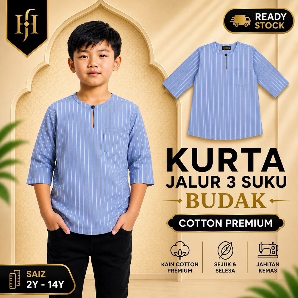 Kurta Jalur Budak 3/4 Premium Cotton 2Y-14Y