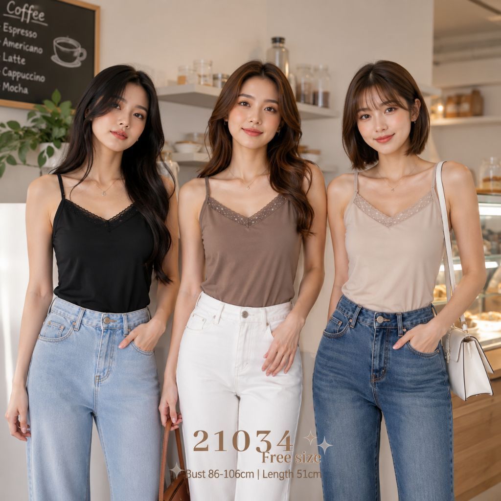 LX FASHION 21034 ผู้หญิงลูกไม้ Trim Cami Top สปาเก็ตตี้ด้านในด้านบน