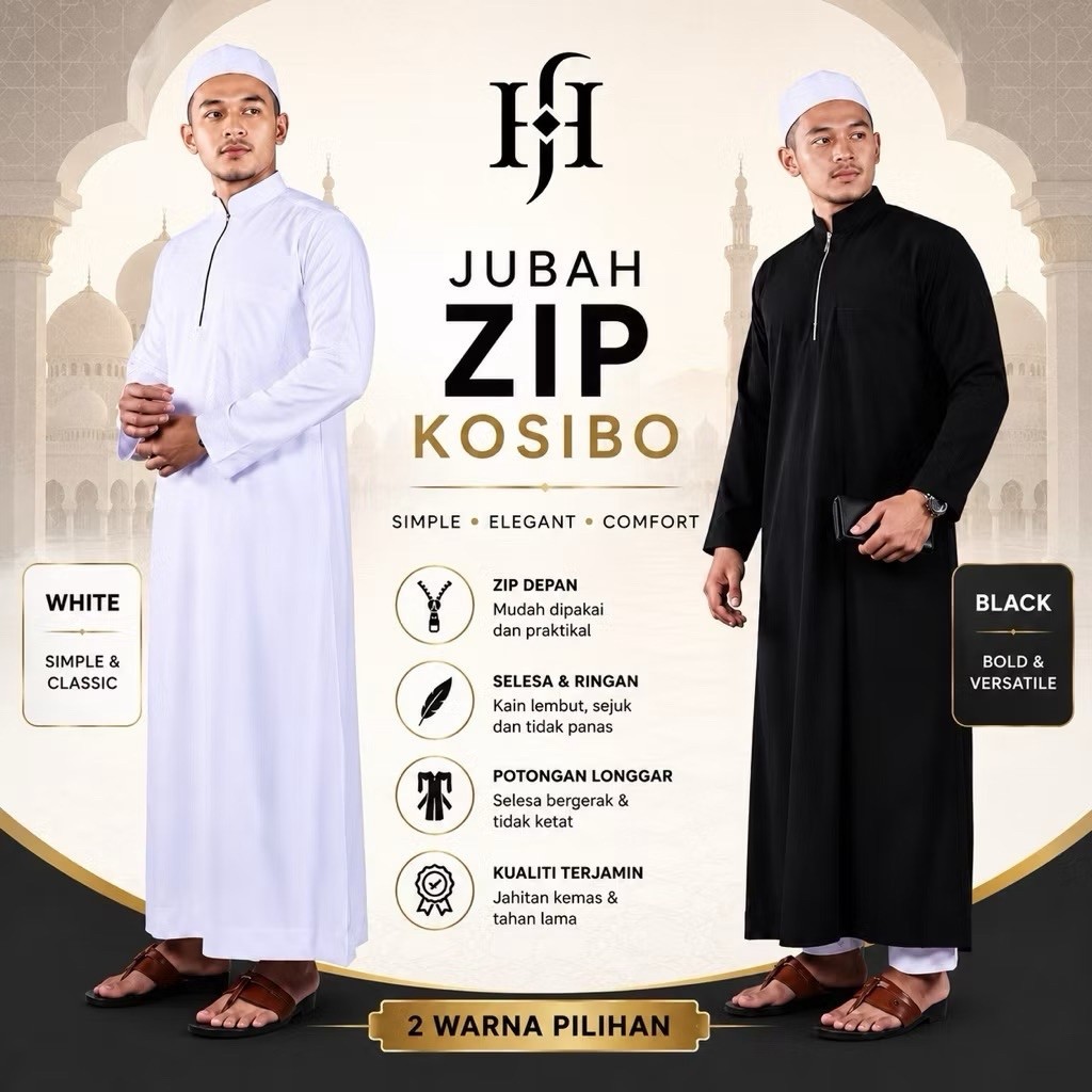 Jubah Imam Lelaki Koshibo Premium Zip Depan White Black S-3XL