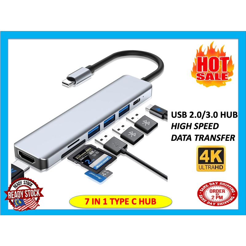 TYPE-C HUB 7 in 1 USB-C Hub 4K 30Hz HDMI Type C อะแดปเตอร์ OTG Thunderbolt 3 Type-C USB Hub Adapto