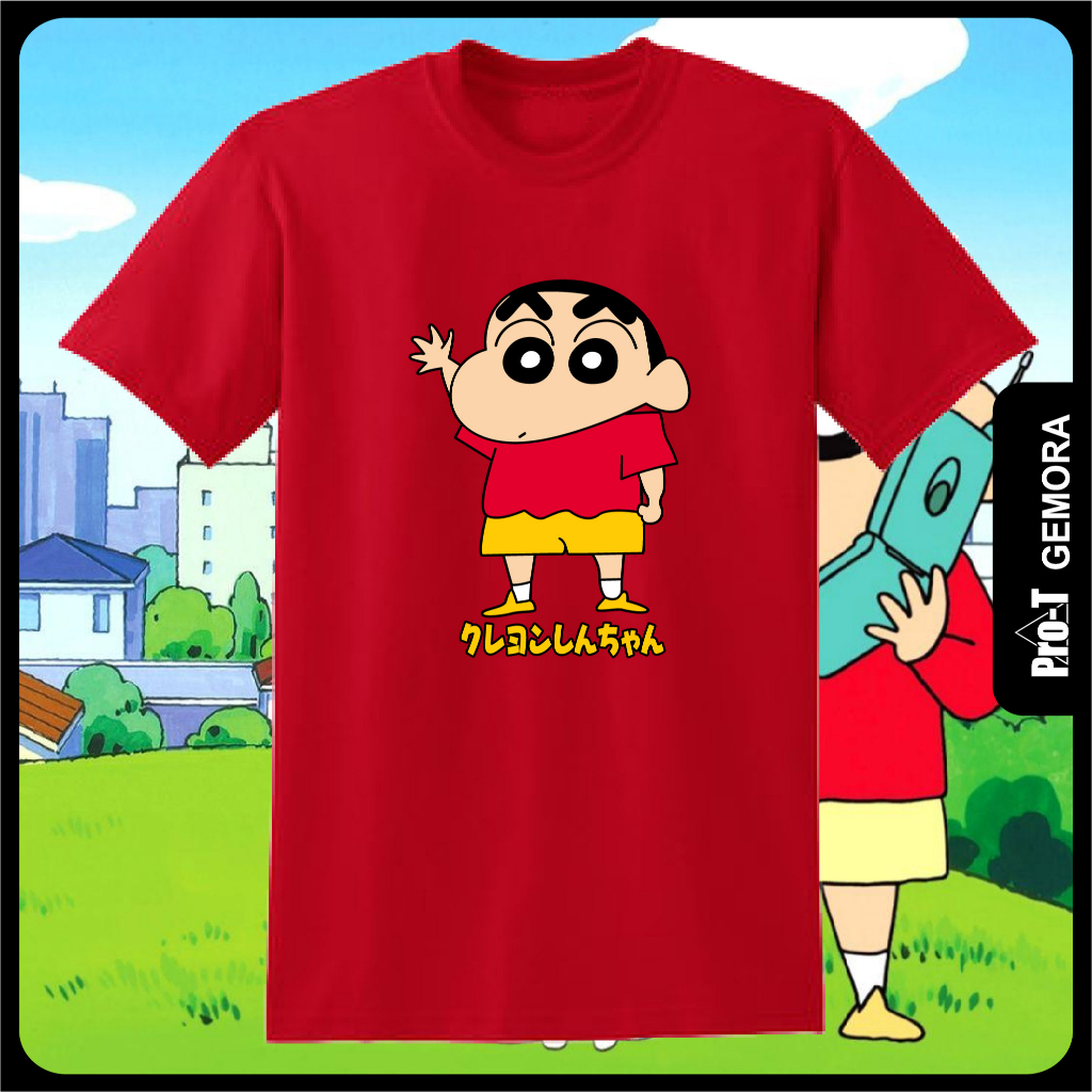 Gemora_cartoon เสื้อยืด ลายการ์ตูนชินจัง สีแดง สําหรับเด็ก และผู้ใหญ่