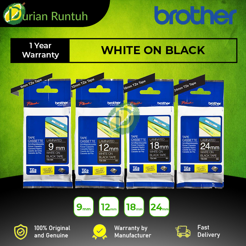 Brother WHITE ON BLACK Tze-325 Tze-335 Tze-345 Tze-355 P-Touch Labelling Tape