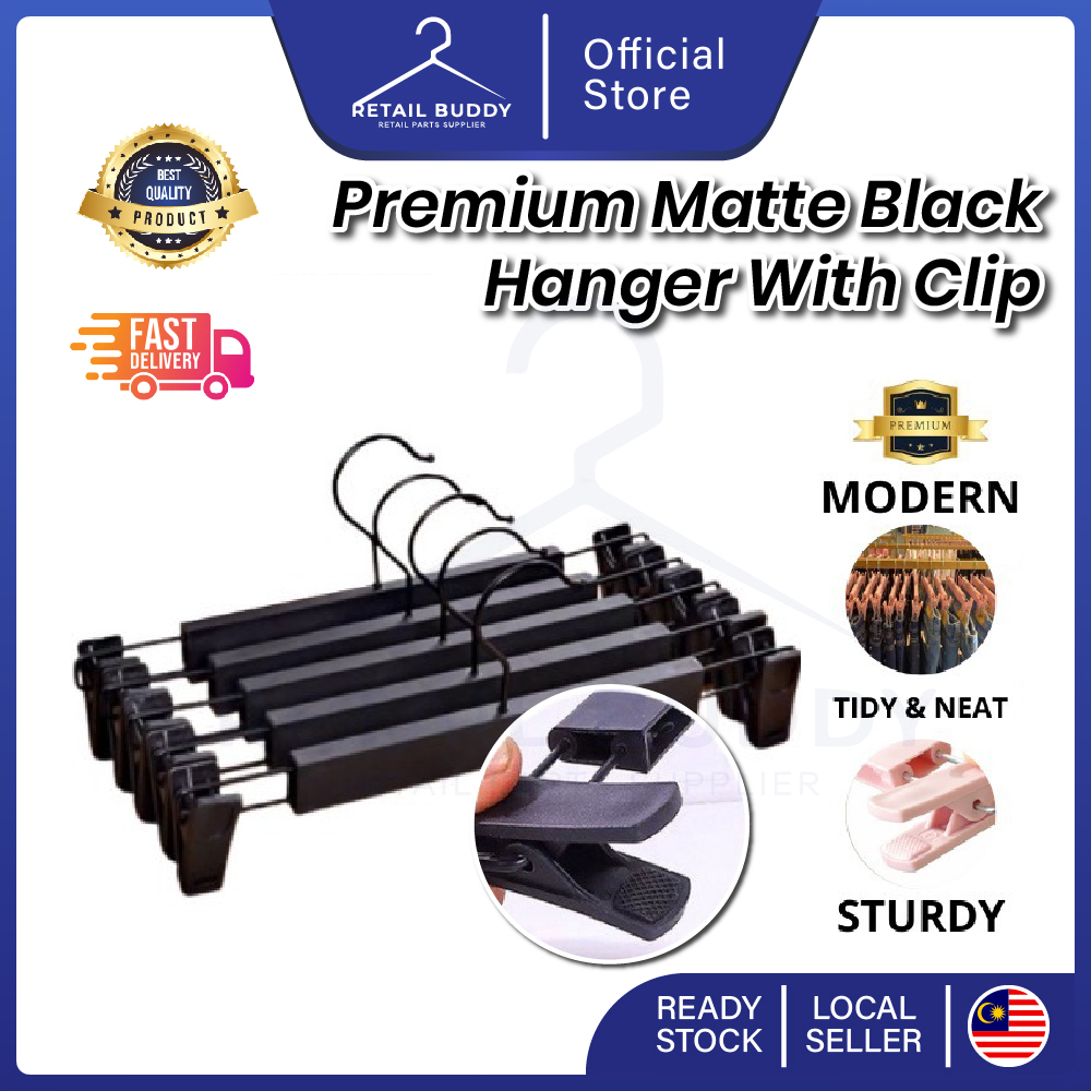Premium Matte Black Hanger With Clip Anti Slip Penyangkut Baju Pakaian Skirt Sarung Bra Jeans Seluar Pants