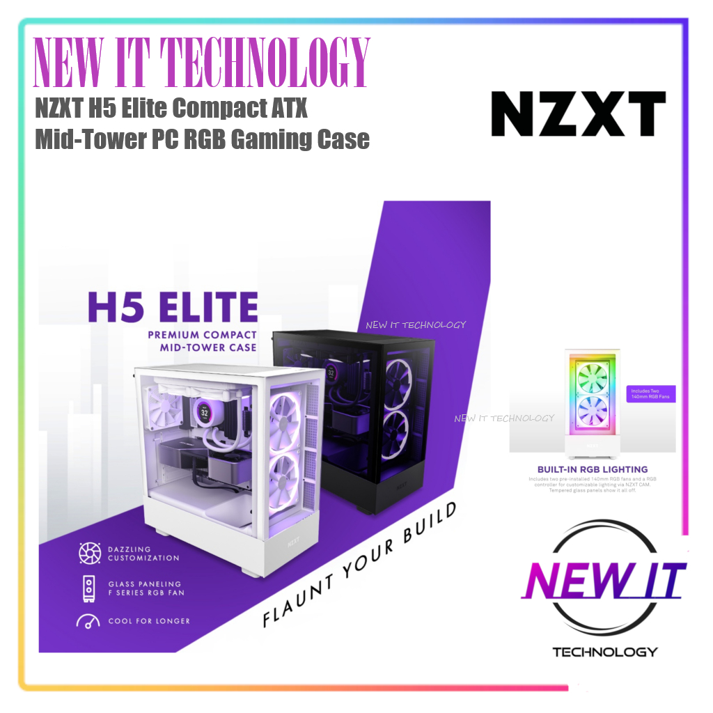 NZXT H5 Elite Compact ATX Mid-Tower Tempered Glass PC With RGB Fan Pre-installed Gaming Case (Matte 